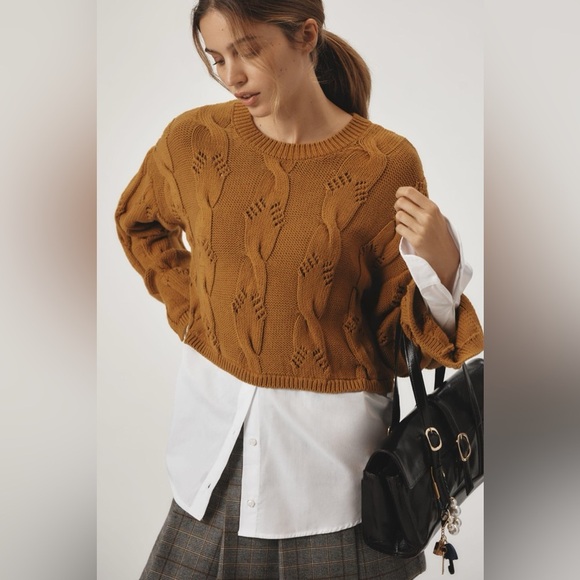 Anthropologie Sweaters - Anthropologie Pilcro Cable Twofer Crewneck Layered Sweater in Copper Size Medium